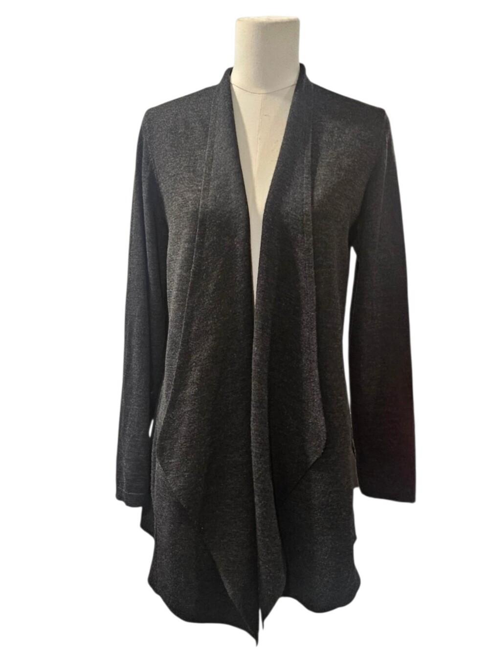 Eileen Fisher Merino Charcoal Open-Front Draped Cardigan Size M